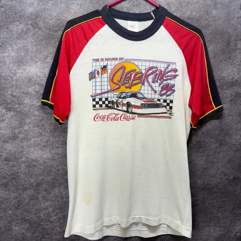 VTG 1983 Sebring 12 Hours Coca-Cola Racing Raglan T-Shirt Mens M Car Paper Thin